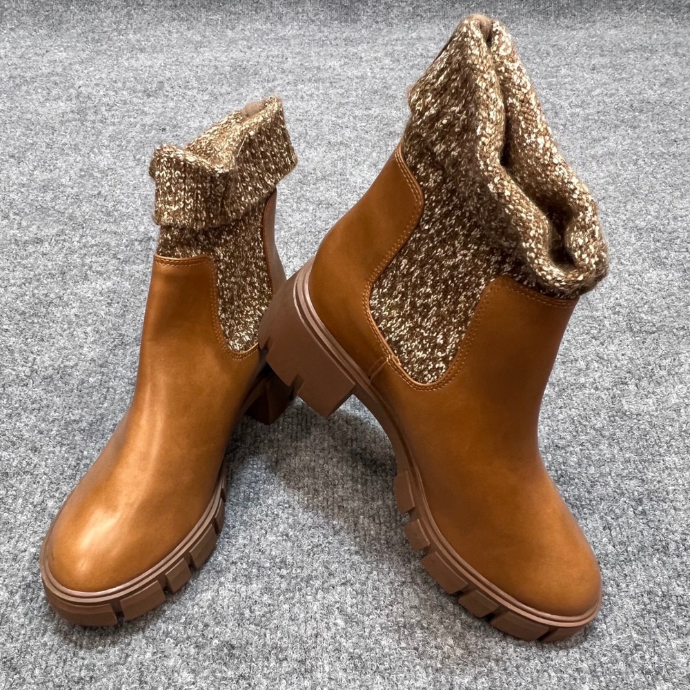 Universal Thread Ankle Boots Women 8 Brown Knit Cuff Lug Sole Block Heel